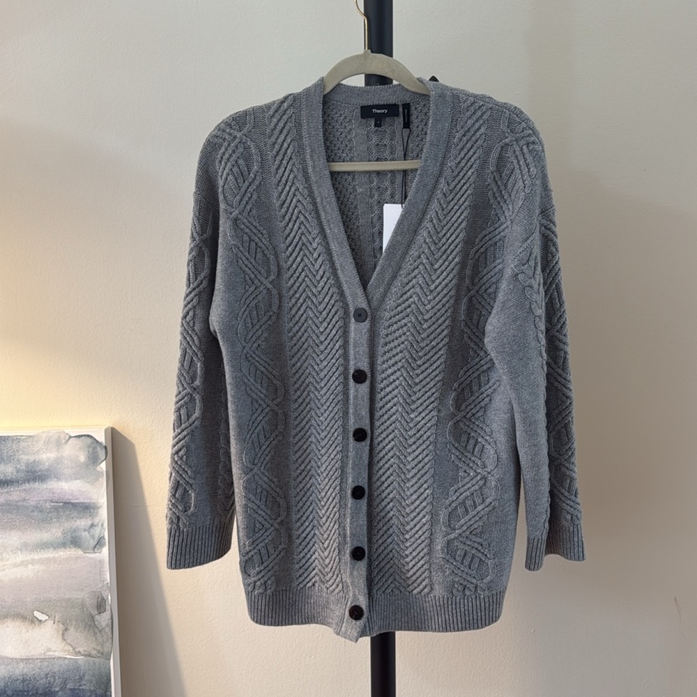 NWT Theory Oversized Cable Knit Cardigan in Heather Gray tortoise buttons small